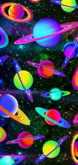 Vibrant neon planets scattered across a black cosmic background.