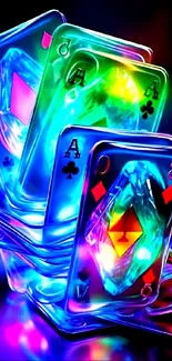 Vibrant neon playing cards with glowing effects.