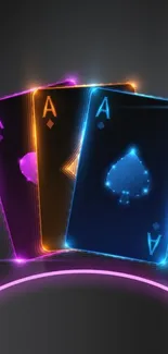 Neon playing cards with vibrant glow on sleek black background.