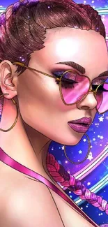 Neon pop art girl with pink braids and sunglasses in a starry background.