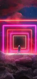 Person standing in neon portal landscape with vibrant colors.