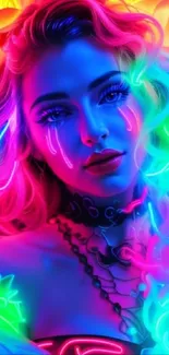 Vibrant neon portrait featuring blue, pink, and green hues for mobile wallpaper.