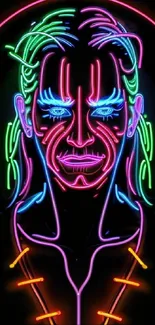 Vibrant neon portrait design with colorful lines and a dark background.