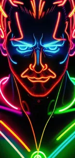 Vibrant neon portrait with glowing colors on black background.