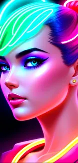 Vibrant neon portrait of a woman with colorful glowing accents.