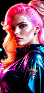 Vibrant neon portrait of a woman with pink hair and city lights.