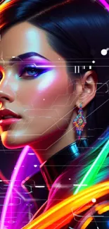 Neon-themed portrait with vibrant colors and artistic flair on a dark background.