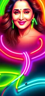 Vibrant neon portrait with glowing colors and modern artistic design.