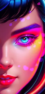 Vibrant neon portrait of a woman with glowing accents and colorful design.