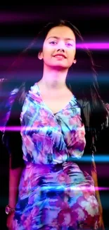 Stylish woman in floral dress with vibrant neon light effects.