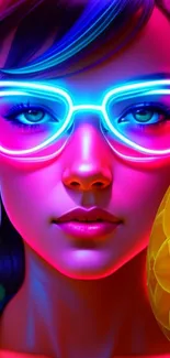 Vibrant neon portrait with glowing glasses and bold colors in digital art style.