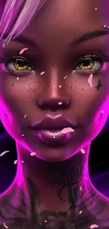 Vibrant neon portrait wallpaper with pink and purple hues, artistic design.