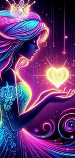 Colorful neon fantasy art with mystical figure holding a glowing heart.