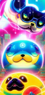 Vibrant neon illustration of three pug creatures in a futuristic city setting.