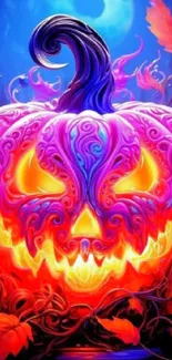 Intricate neon pumpkin design with vivid colors and Halloween theme.