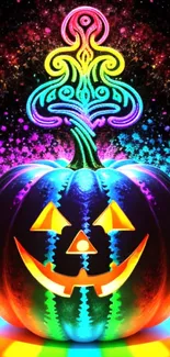 Neon pumpkin with colorful cosmic background.