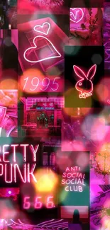 Vibrant neon punk collage featuring glowing pink designs and edgy aesthetic.