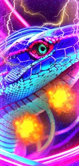 Vibrant neon python with cosmic background and electric colors.