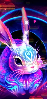 Vibrant neon rabbit art wallpaper with intricate designs.