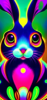 Colorful neon rabbit art on vibrant wallpaper.