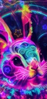 Vibrant neon rabbit in a galaxy with stars wallpaper.