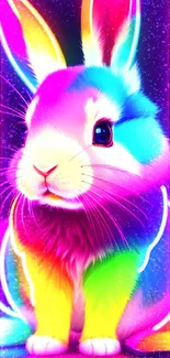 Vibrant neon rabbit with glowing colors on dark background.