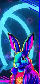 Vibrant neon rabbit in a futuristic setting.