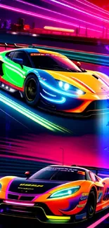 Vibrant neon race cars on a colorful, night highway.