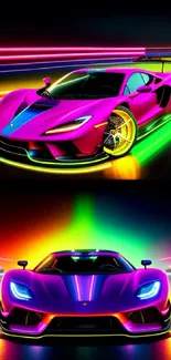 Vibrant neon sports car with glowing lights on a dark background.