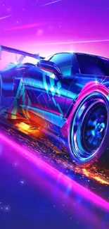 Neon racing car with dynamic lighting effects on a vibrant background.