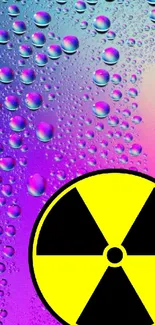 Vibrant neon wallpaper with radiation symbol and water droplets.