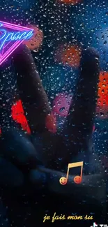 Neon rain wallpaper with hand gesture and music notes.