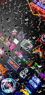 Neon signs through rain droplets on a dark background.