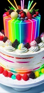 Vibrant neon rainbow cake with colorful fruit.