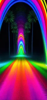 Vibrant neon rainbow path with tropical trees and glowing colors.