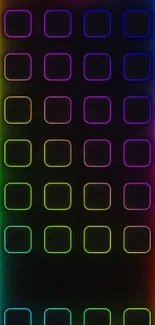 Neon rainbow mobile wallpaper with glowing squares on a black background.