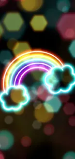 Neon rainbow with clouds on black background.