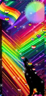 Colorful neon rainbow wallpaper with wolf silhouette.