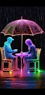 Neon couple under umbrella in the rain