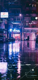 Neon-lit rainy street with vivid reflections.