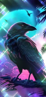 Neon blue and pink raven wallpaper with palm leaves.