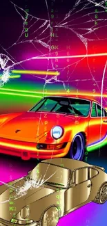 Vibrant neon wallpaper with retro car and glowing lights.