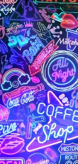 Vibrant neon-themed wallpaper with retro signs.