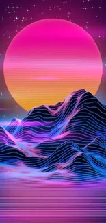 Neon-lit mountains under a pink sun on a starry background.