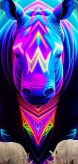 Vibrant neon rhino art with geometric patterns and colorful accents.