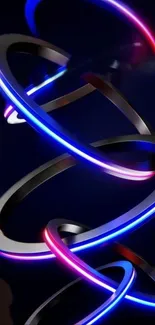 Abstract neon rings glowing in dark space.