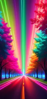 Neon-lit road with colorful trees and vibrant rainbow skies.