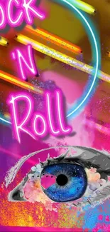 Neon rock 'n roll wallpaper with colorful eye design.