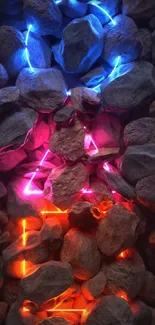 Vibrant mobile wallpaper with neon lights among rocks.