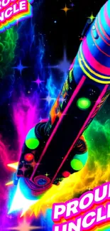 Neon rocket flies through colorful cosmic space on a phone wallpaper.